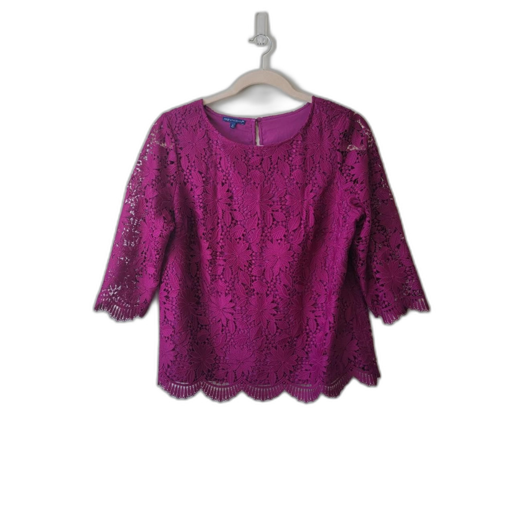 Talbots RSVP Fuchsia Lace Top 3/4 Sleeve Scalloped Hem XL